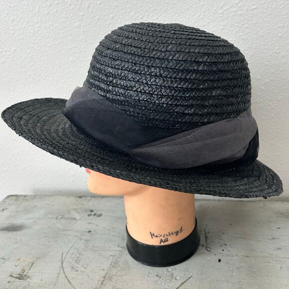 Vintage Betmar Black Straw derby Hat Floral Accent Made in Italy Wide main image 8